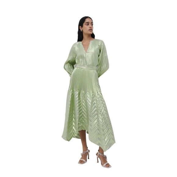 Jonathan Simkhai The Cassia Metallic Chevron Silk/Lurex Midi Skirt in Celery- Si - Picture 2 of 7